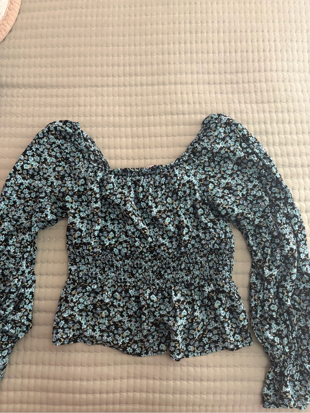 Smocked Floral Long-Sleeve Top in Light Blue on Black